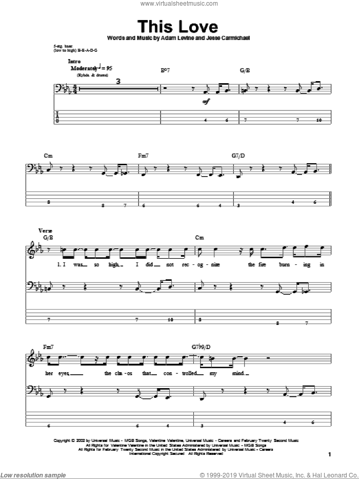 This Love sheet music for bass (tablature) (bass guitar) by Maroon 5, Adam Levine and Jesse Carmichael, intermediate skill level