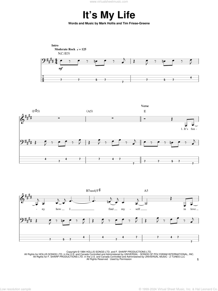 It's My Life sheet music for bass (tablature) (bass guitar) by No Doubt, Talk Talk, Mark Hollis and Tim Friese-Greene, intermediate skill level