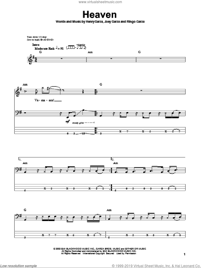 Heaven sheet music for bass (tablature) (bass guitar) by Los Lonely Boys, Henry Garza, Joey Garza and Ringo Garza, intermediate skill level