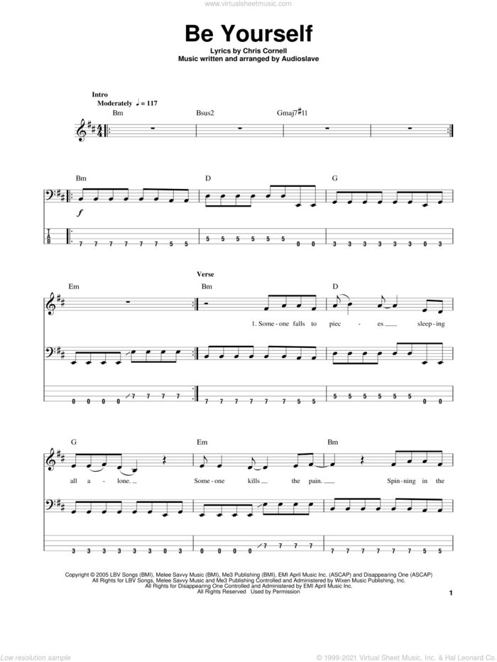 Be Yourself sheet music for bass (tablature) (bass guitar) by Audioslave and Chris Cornell, intermediate skill level