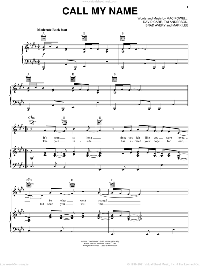 Call My Name sheet music for voice, piano or guitar by Third Day, Brad Avery, David Carr, Mac Powell, Mark Lee and Tai Anderson, intermediate skill level