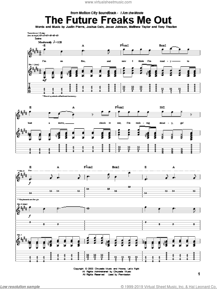 The Future Freaks Me Out sheet music for guitar (tablature) by Motion City Soundtrack, Jesse Johnson, Joshua Cain, Justin Pierre, Matthew Taylor and Tony Thaxton, intermediate skill level