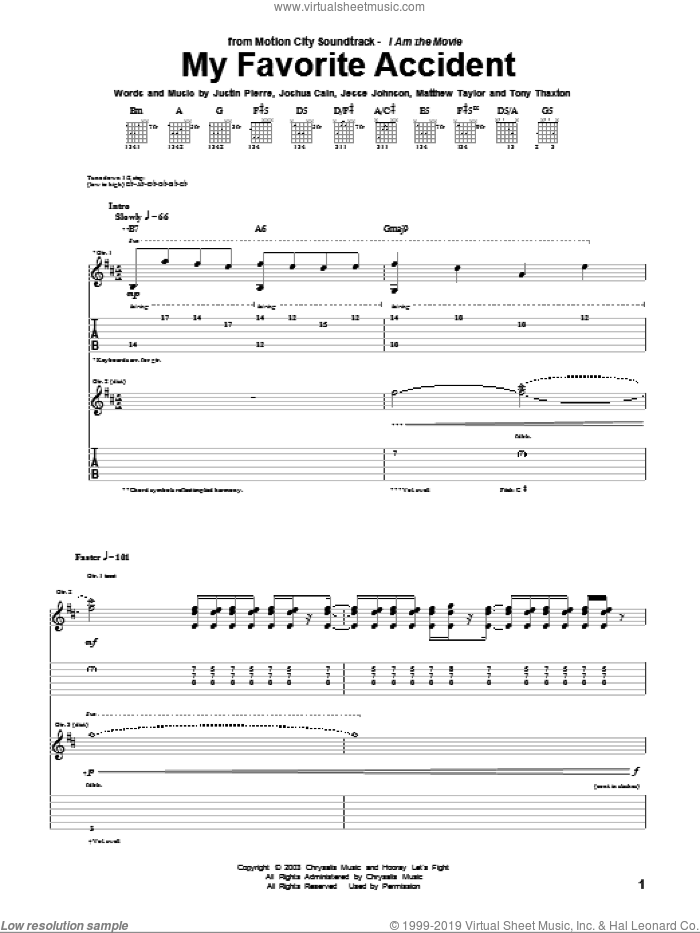 My Favorite Accident sheet music for guitar (tablature) by Motion City Soundtrack, Jesse Johnson, Joshua Cain, Justin Pierre, Matthew Taylor and Tony Thaxton, intermediate skill level
