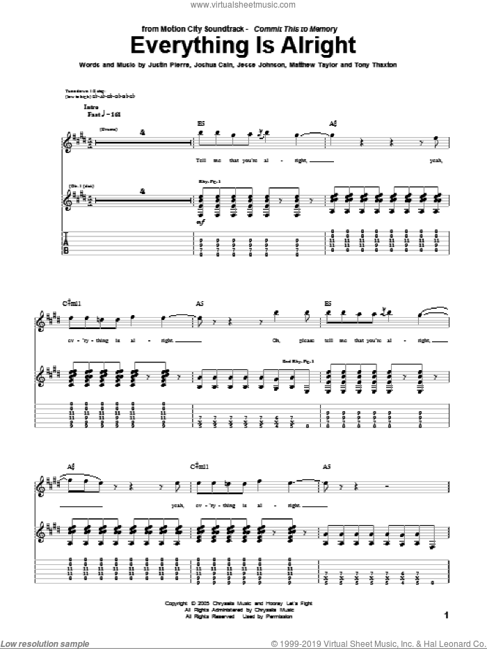 Everything Is Alright sheet music for guitar (tablature) by Motion City Soundtrack, Jesse Johnson, Joshua Cain, Justin Pierre, Matthew Taylor and Tony Thaxton, intermediate skill level