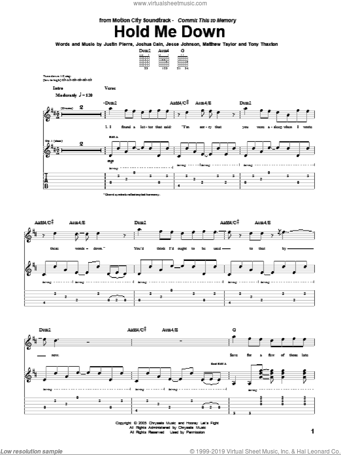 Hold Me Down sheet music for guitar (tablature) by Motion City Soundtrack, Jesse Johnson, Joshua Cain, Justin Pierre, Matthew Taylor and Tony Thaxton, intermediate skill level