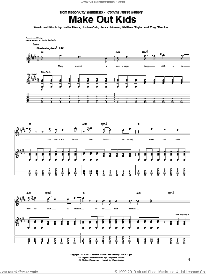 Make Out Kids sheet music for guitar (tablature) by Motion City Soundtrack, Jesse Johnson, Joshua Cain, Justin Pierre, Matthew Taylor and Tony Thaxton, intermediate skill level