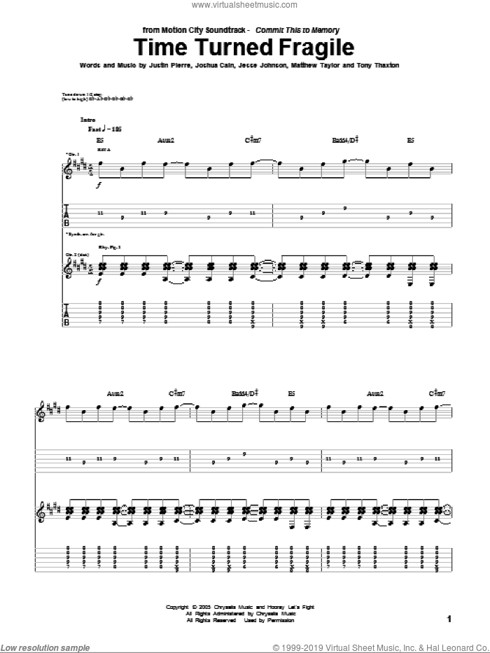 Time Turned Fragile sheet music for guitar (tablature) by Motion City Soundtrack, Jesse Johnson, Joshua Cain, Justin Pierre, Matthew Taylor and Tony Thaxton, intermediate skill level