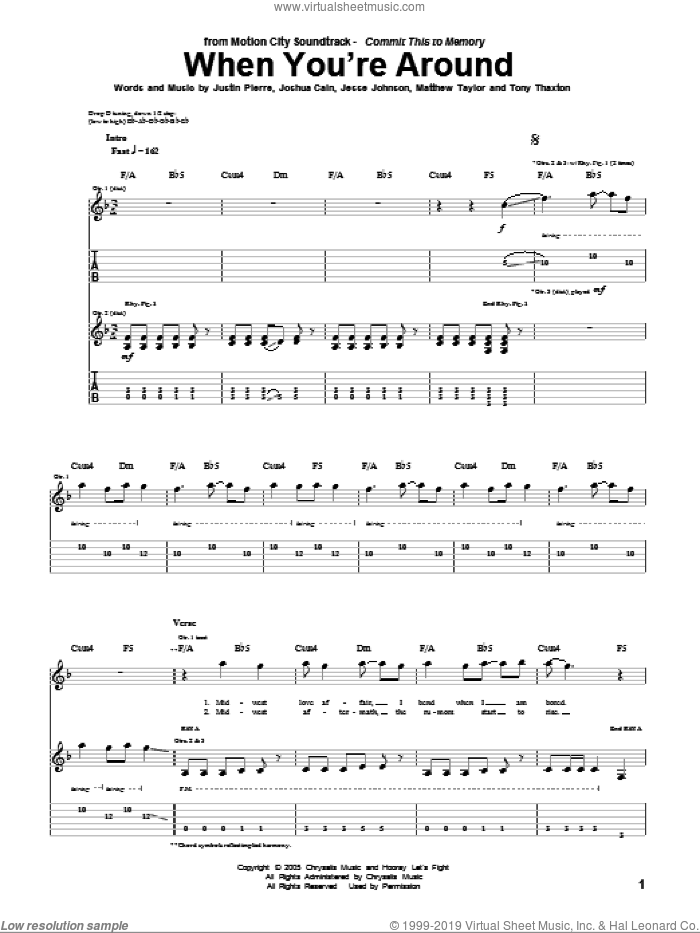 When You're Around sheet music for guitar (tablature) by Motion City Soundtrack, Jesse Johnson, Joshua Cain, Justin Pierre, Matthew Taylor and Tony Thaxton, intermediate skill level