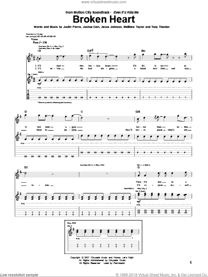 Broken Heart sheet music for guitar (tablature) by Motion City Soundtrack, Jesse Johnson, Joshua Cain, Justin Pierre, Matthew Taylor and Tony Thaxton, intermediate skill level