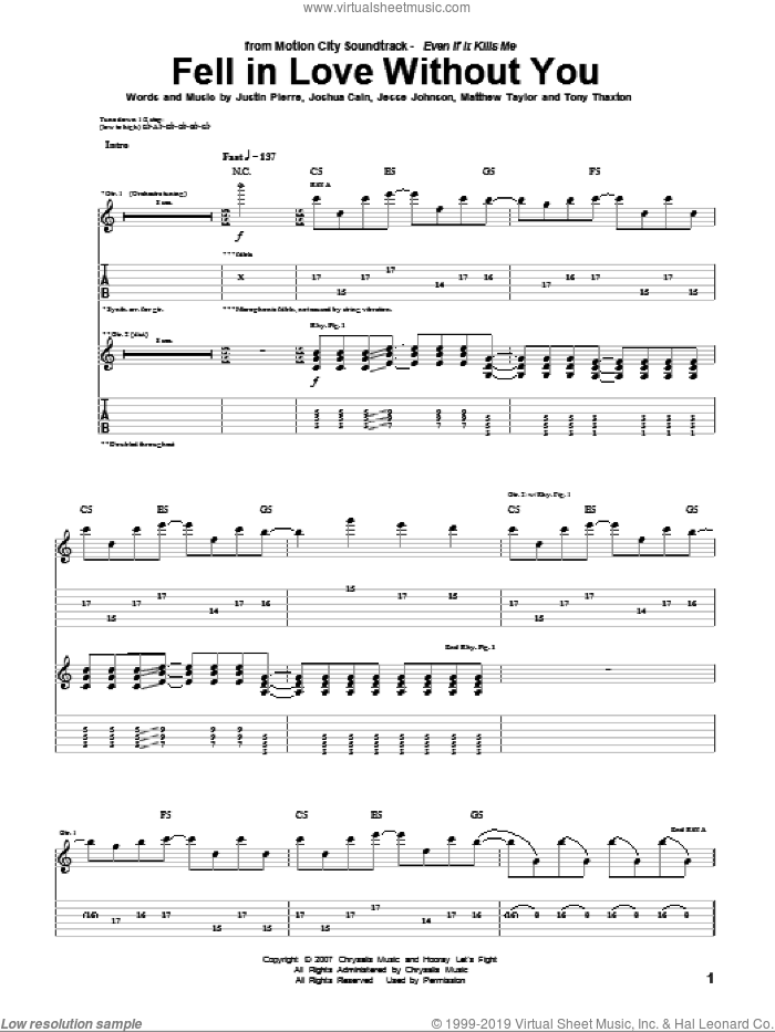 Fell In Love Without You sheet music for guitar (tablature) by Motion City Soundtrack, Jesse Johnson, Joshua Cain, Justin Pierre, Matthew Taylor and Tony Thaxton, intermediate skill level
