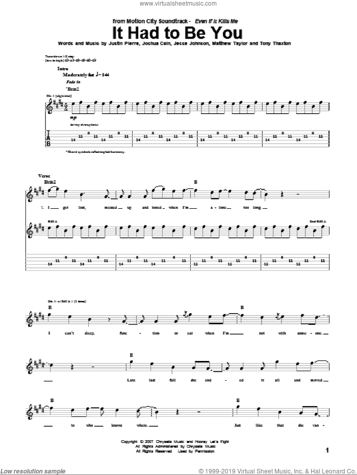 It Had To Be You sheet music for guitar (tablature) by Motion City Soundtrack, Jesse Johnson, Joshua Cain, Justin Pierre, Matthew Taylor and Tony Thaxton, intermediate skill level
