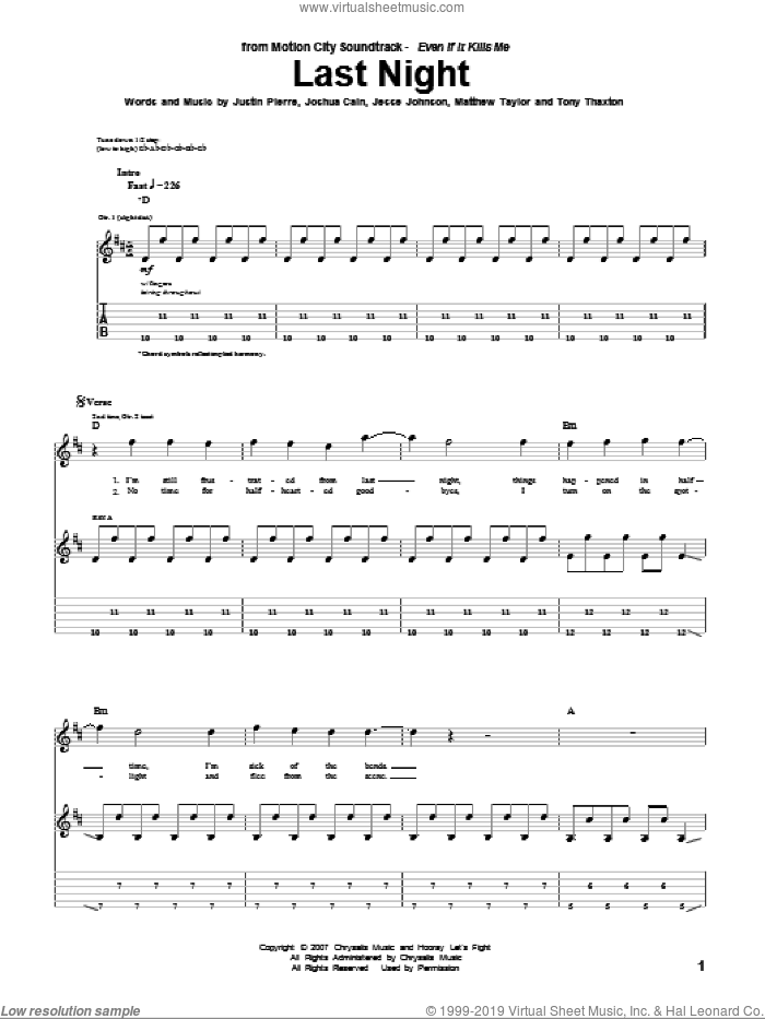 Last Night sheet music for guitar (tablature) by Motion City Soundtrack, Jesse Johnson, Joshua Cain, Justin Pierre, Matthew Taylor and Tony Thaxton, intermediate skill level