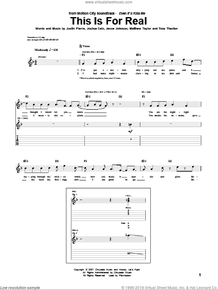 This Is For Real sheet music for guitar (tablature) by Motion City Soundtrack, Jesse Johnson, Joshua Cain, Justin Pierre, Matthew Taylor and Tony Thaxton, intermediate skill level