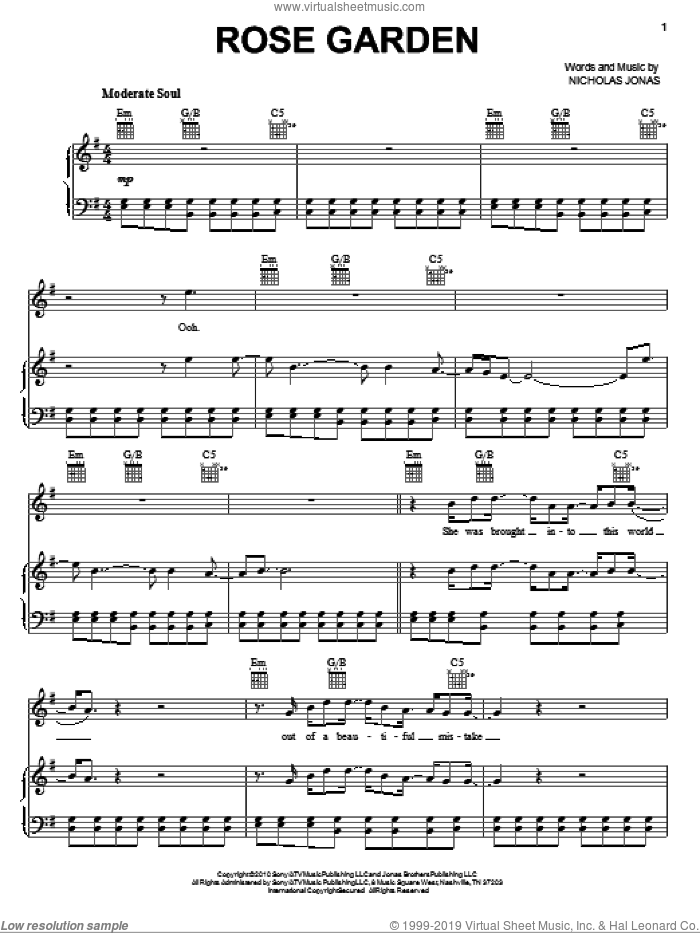 Rose Garden sheet music for voice, piano or guitar by Nick Jonas & The Administration, Nick Jonas and Nicholas Jonas, intermediate skill level