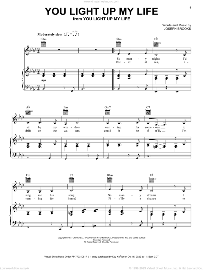 You Light Up My Life sheet music for voice, piano or guitar by Debby Boone, Kenny Rogers, LeAnn Rimes and Joseph Brooks, wedding score, intermediate skill level