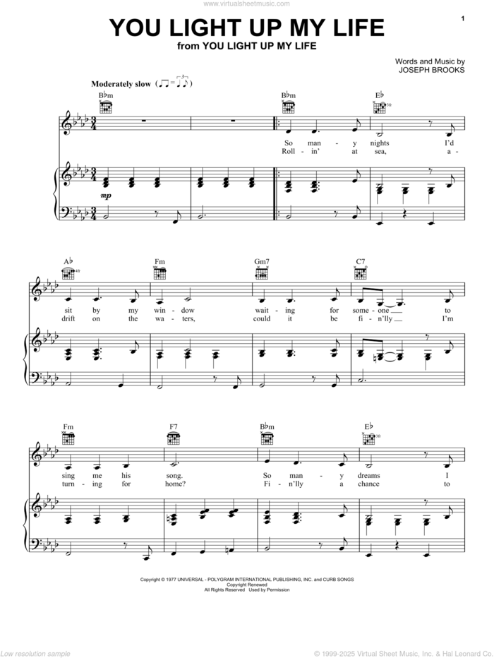 You Light Up My Life sheet music for voice, piano or guitar by Debby Boone, Kenny Rogers, LeAnn Rimes and Joseph Brooks, wedding score, intermediate skill level