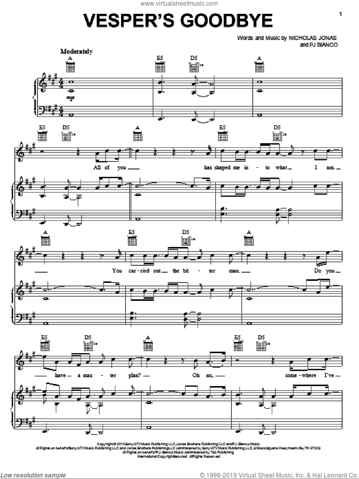 Vesper's Goodbye sheet music for voice, piano or guitar by Nick Jonas & The Administration, Nick Jonas, Nicholas Jonas and PJ Bianco, intermediate skill level
