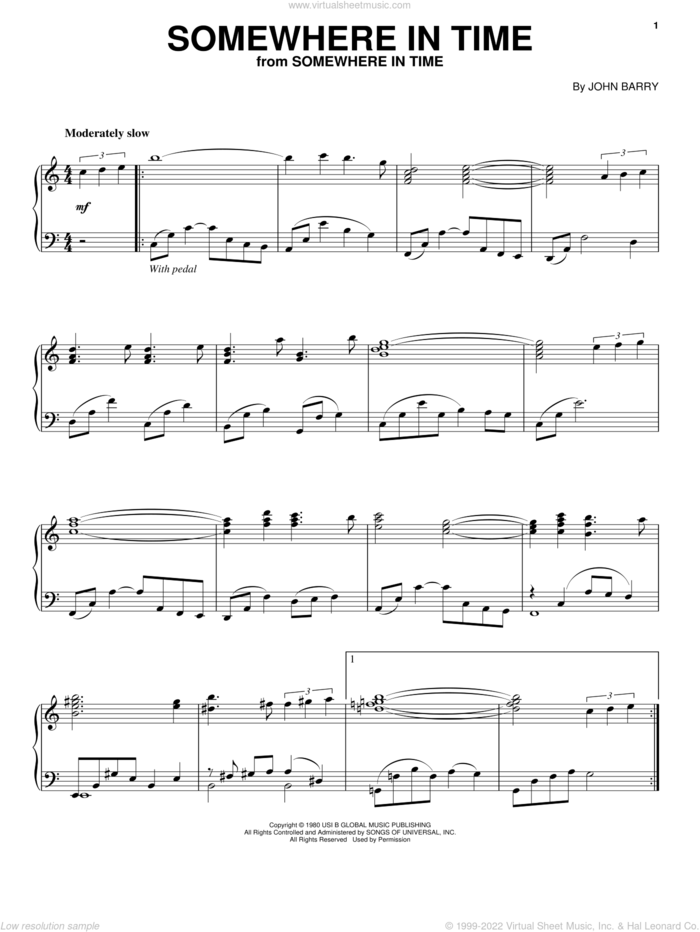 Somewhere In Time sheet music for piano solo by John Barry and B.A. Robertson, intermediate skill level