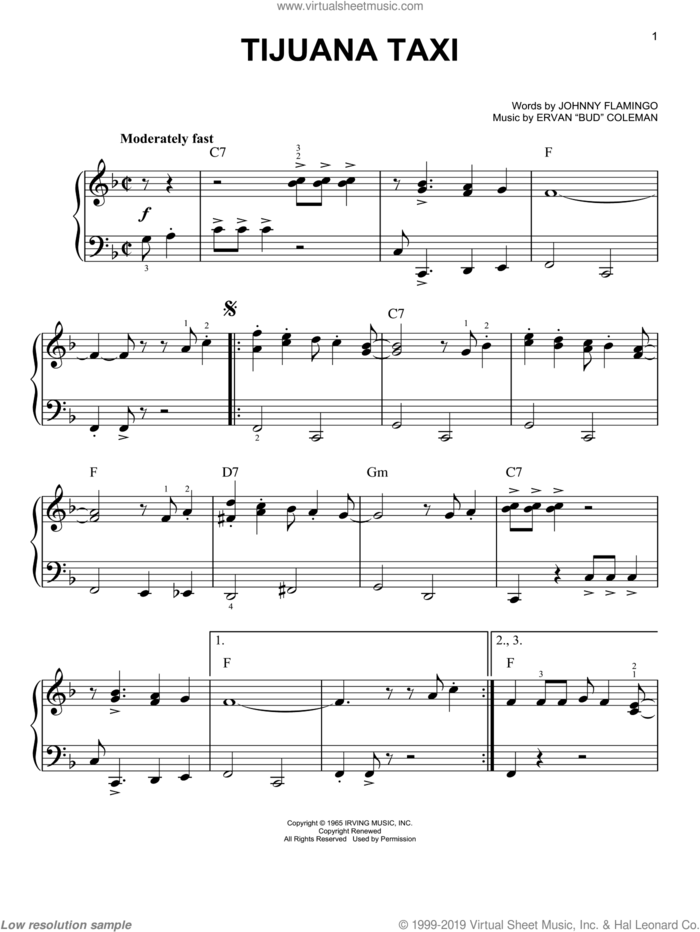 Tijuana Taxi sheet music for piano solo by Herb Alpert & The Tijuana Brass, Herb Alpert, Ervan 'Bud' Coleman and Johnny Flamingo, easy skill level