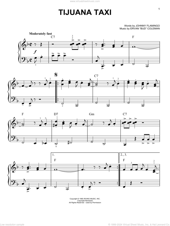 Tijuana Taxi sheet music for piano solo by Herb Alpert & The Tijuana Brass, Herb Alpert, Ervan 'Bud' Coleman and Johnny Flamingo, easy skill level