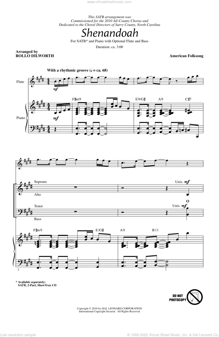 Shenandoah sheet music for choir (SATB: soprano, alto, tenor, bass) by Rollo Dilworth, intermediate skill level