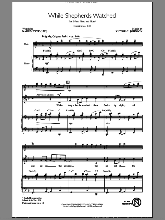 While Shepherds Watched sheet music for choir (2-Part) by Victor Johnson and Nahum Tate, intermediate duet