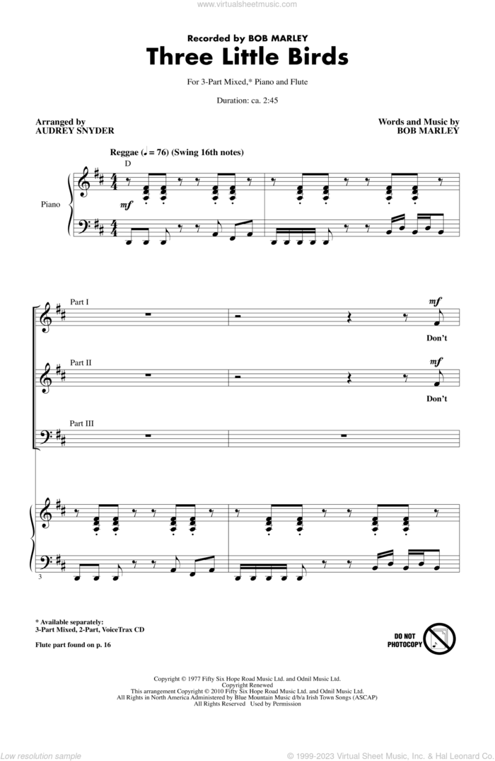 Three Little Birds (arr. Audrey Snyder) sheet music for choir (3-Part Mixed) by Bob Marley and Audrey Snyder, intermediate skill level