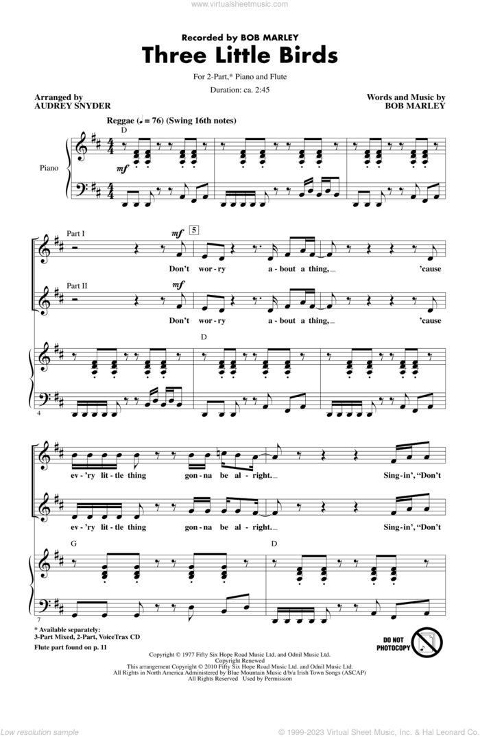 Three Little Birds (arr. Audrey Snyder) sheet music for choir (2-Part) by Bob Marley and Audrey Snyder, intermediate duet