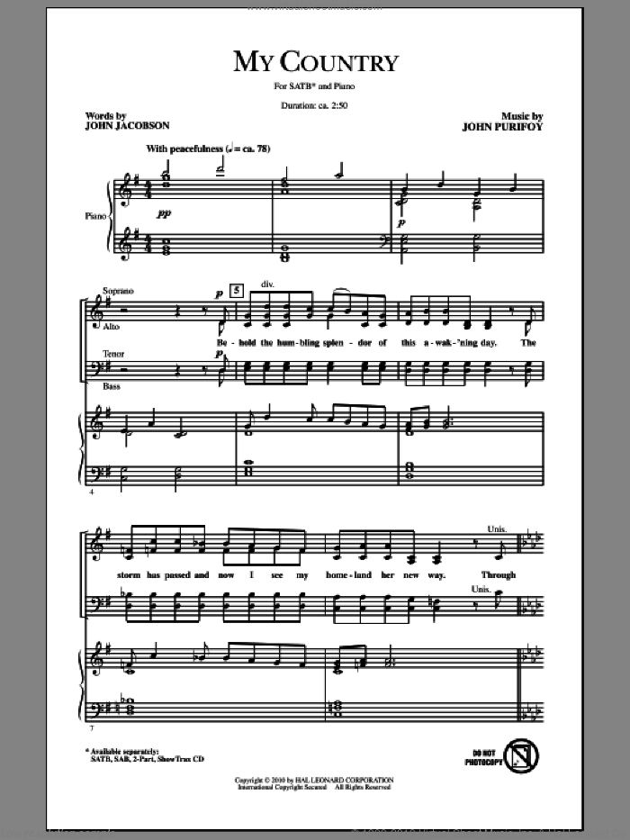 My Country sheet music for choir (SATB: soprano, alto, tenor, bass) by John Purifoy and John Jacobson, intermediate skill level