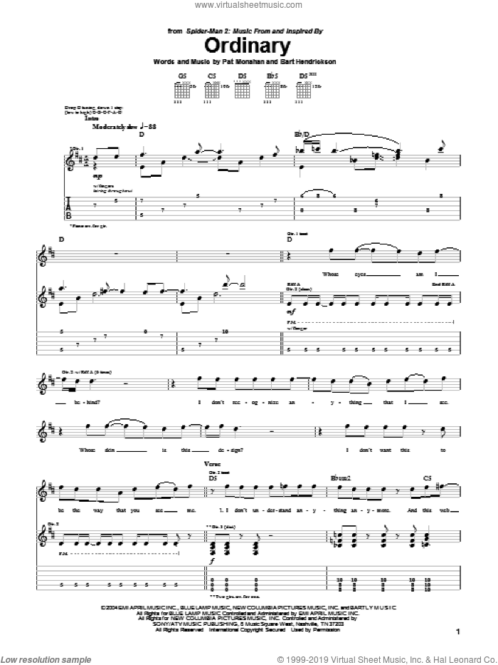 Ordinary sheet music for guitar (tablature) by Train, Spider-Man 2 (Movie), Bart Hendrickson and Pat Monahan, intermediate skill level