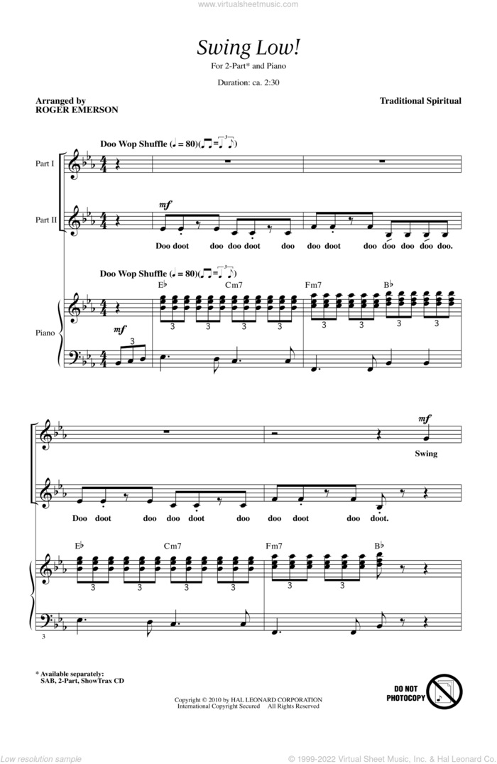 Swing Low, Sweet Chariot sheet music for choir (2-Part) by Roger Emerson, intermediate duet