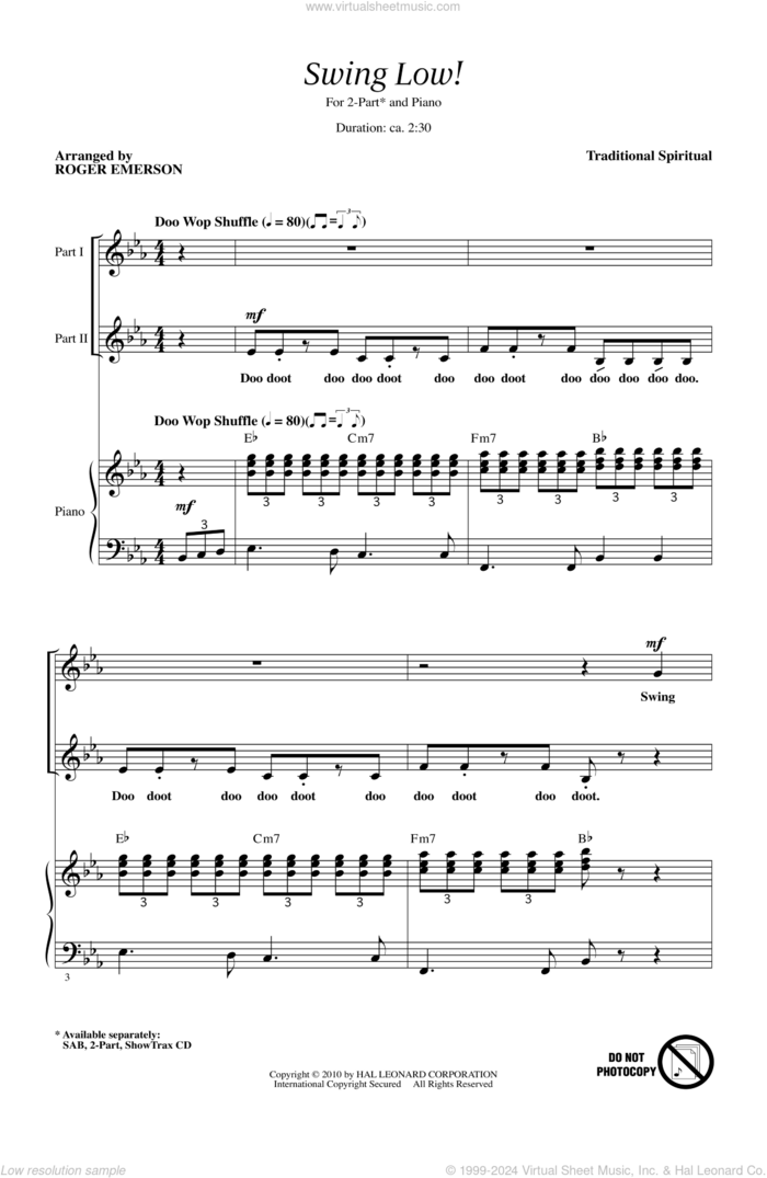 Swing Low, Sweet Chariot sheet music for choir (2-Part) by Roger Emerson, intermediate duet