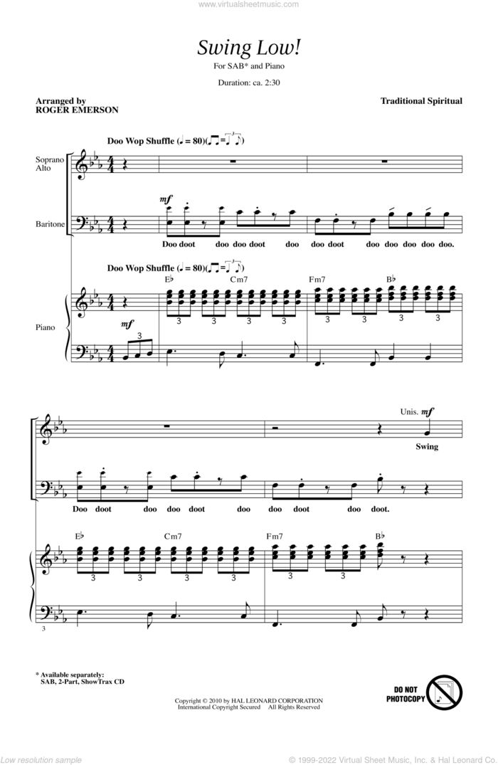 Swing Low, Sweet Chariot sheet music for choir (SAB: soprano, alto, bass) by Roger Emerson, intermediate skill level