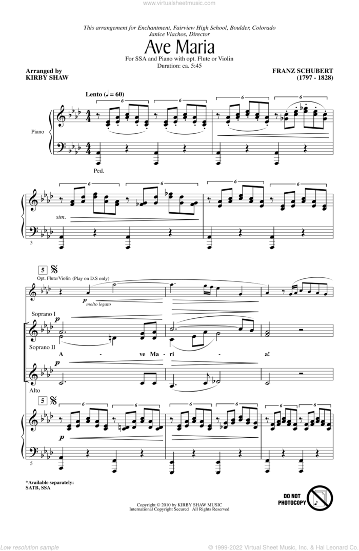 Ave Maria sheet music for choir (SSA: soprano, alto) by Franz Schubert and Kirby Shaw, intermediate skill level