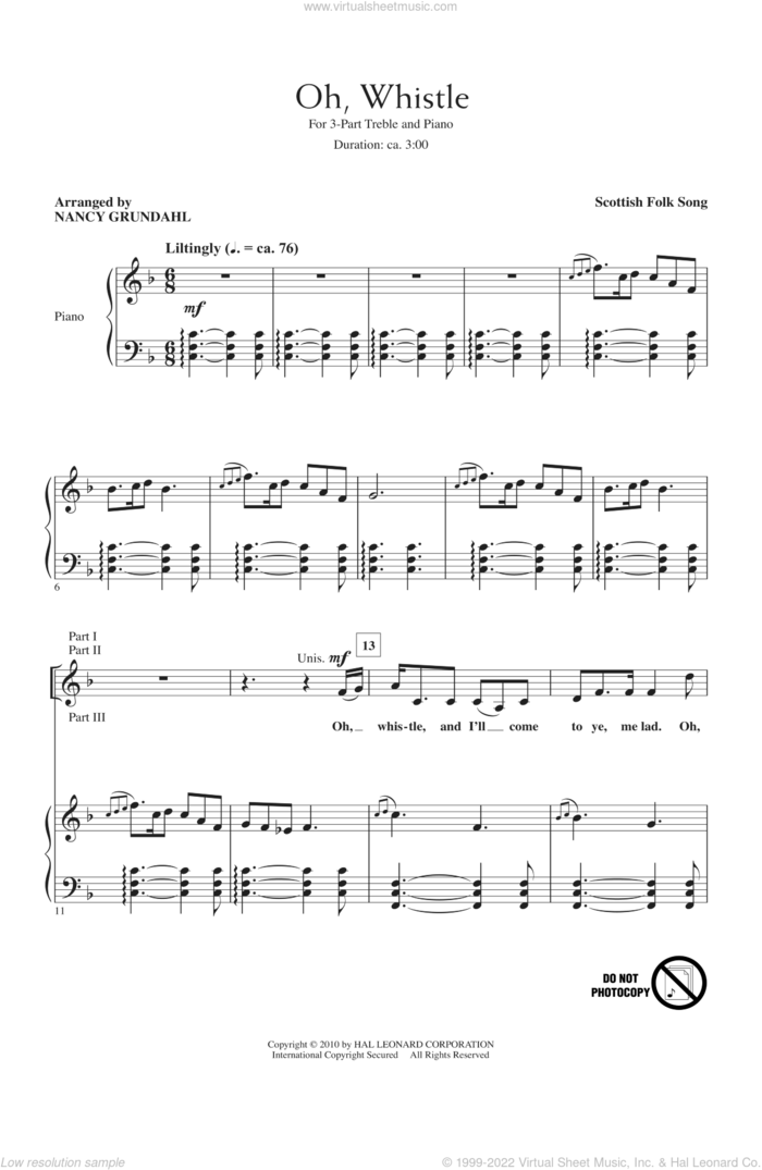 Oh, Whistle sheet music for choir (3-Part Treble) by Nancy Grundahl, intermediate skill level