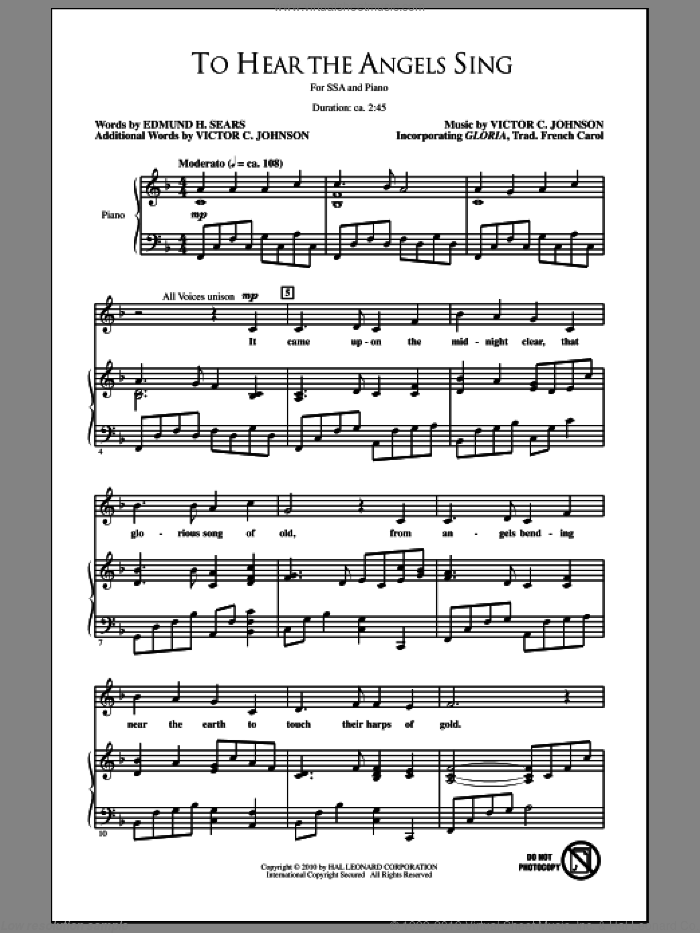 To Hear The Angels Sing sheet music for choir (SSA: soprano, alto) by Victor Johnson and Edmund Hamilton Sears, intermediate skill level