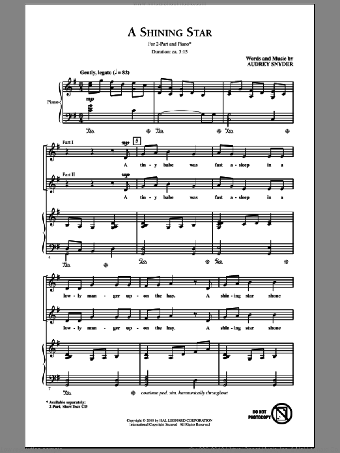 A Shining Star sheet music for choir (2-Part) by Audrey Snyder, intermediate duet