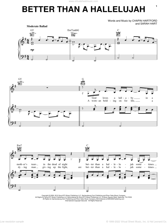 Better Than A Hallelujah sheet music for voice, piano or guitar by Amy Grant, Chapin Hartford and Sarah Hart, intermediate skill level