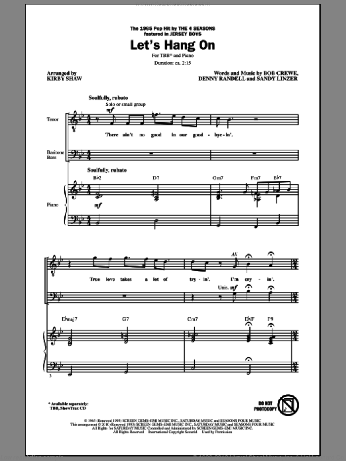 Let's Hang On sheet music for choir (TBB: tenor, bass) by Bob Crewe, Denny Randell, Sandy Linzer, Frankie Valli & The Four Seasons and Kirby Shaw, intermediate skill level