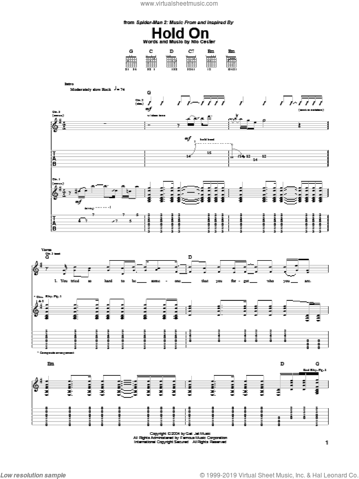 Hold On sheet music for guitar (tablature) by Nic Cester and Spider-Man 2 (Movie), intermediate skill level