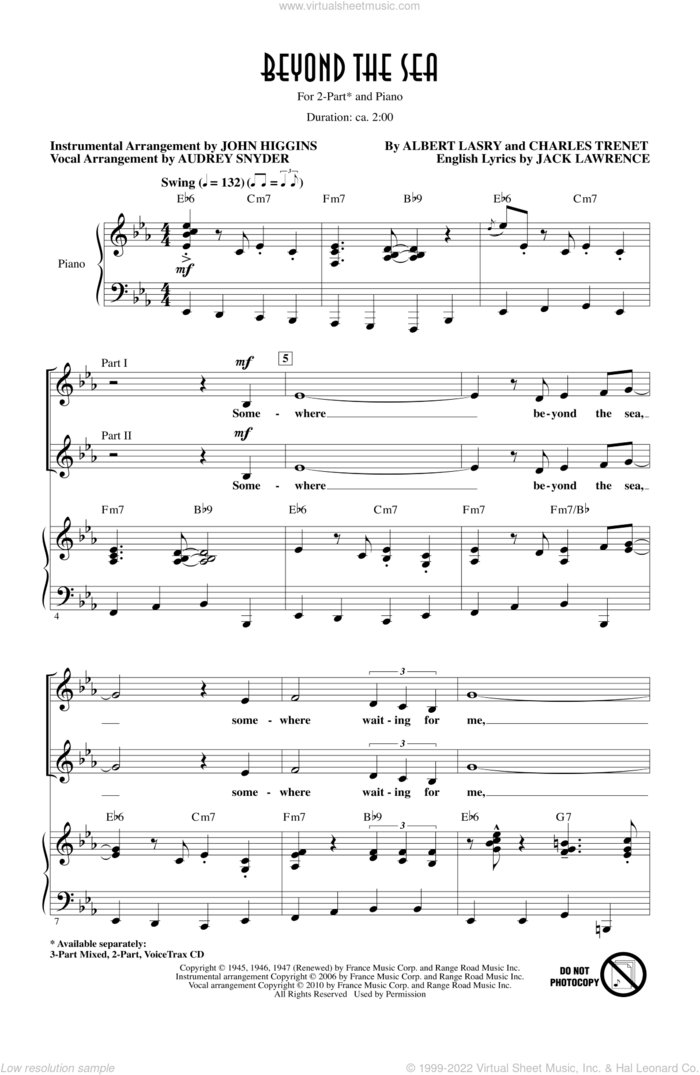 Beyond The Sea (arr. Audrey Snyder) sheet music for choir (2-Part) by Charles Trenet, Albert Lasry, Audrey Snyder, Bobby Darin, Jack Lawrence, John Higgins and Roger Williams, intermediate duet