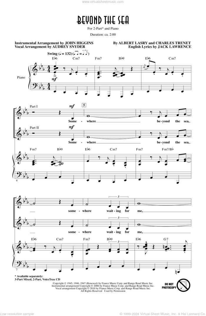 Beyond The Sea (arr. Audrey Snyder) sheet music for choir (2-Part) by Charles Trenet, Albert Lasry, Audrey Snyder, Bobby Darin, Jack Lawrence, John Higgins and Roger Williams, intermediate duet