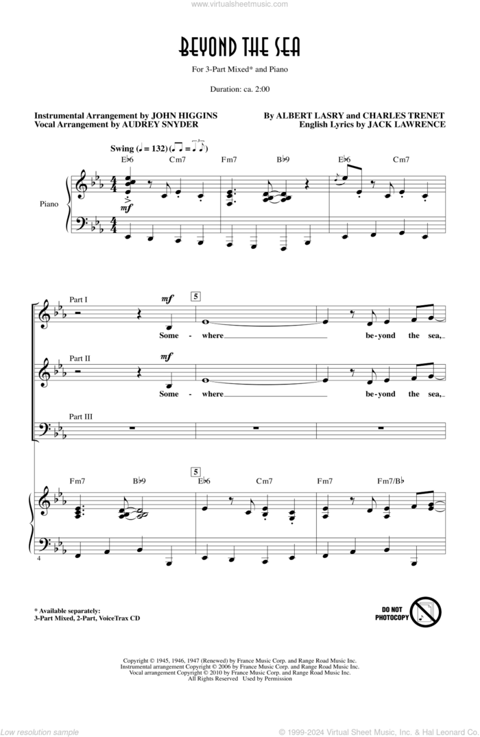 Beyond The Sea sheet music for choir (3-Part Mixed) by Charles Trenet, Albert Lasry, Audrey Snyder, Bobby Darin, Jack Lawrence, John Higgins and Roger Williams, intermediate skill level