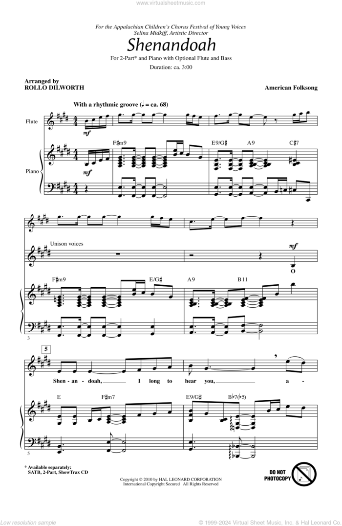 Shenandoah sheet music for choir (2-Part) by Rollo Dilworth, intermediate duet