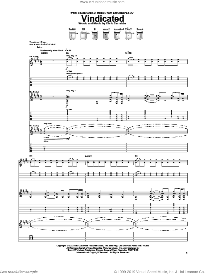 Vindicated sheet music for guitar (tablature) by Dashboard Confessional, Spider-Man 2 (Movie) and Chris Carrabba, intermediate skill level