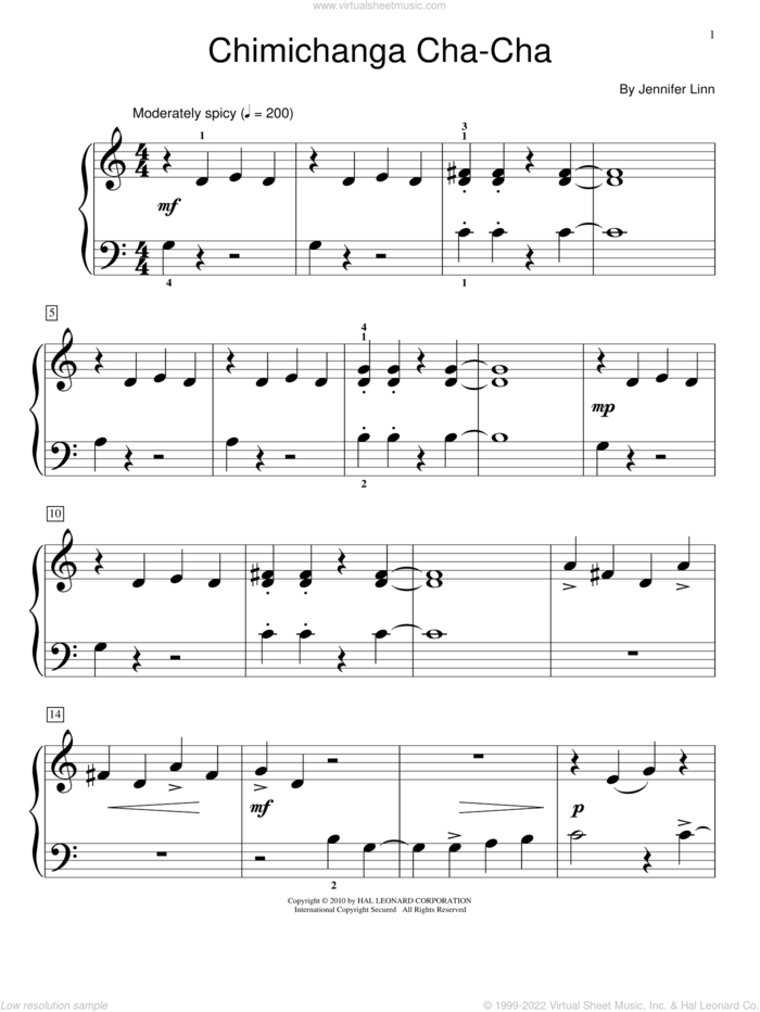 Chimichanga Cha-Cha sheet music for piano solo (elementary) by Jennifer Linn, beginner piano (elementary)