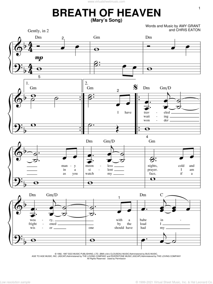 Breath Of Heaven (Mary's Song) sheet music for piano solo (big note book) by Amy Grant and Chris Eaton, easy piano (big note book)