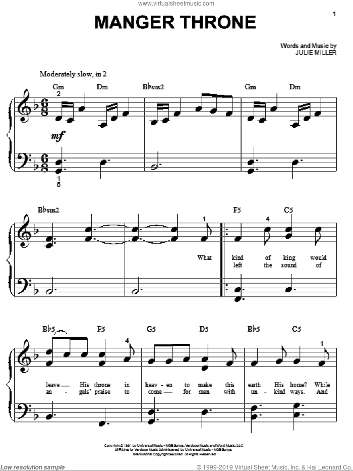 Manger Throne sheet music for piano solo (big note book) by Julie Miller and Third Day, easy piano (big note book)