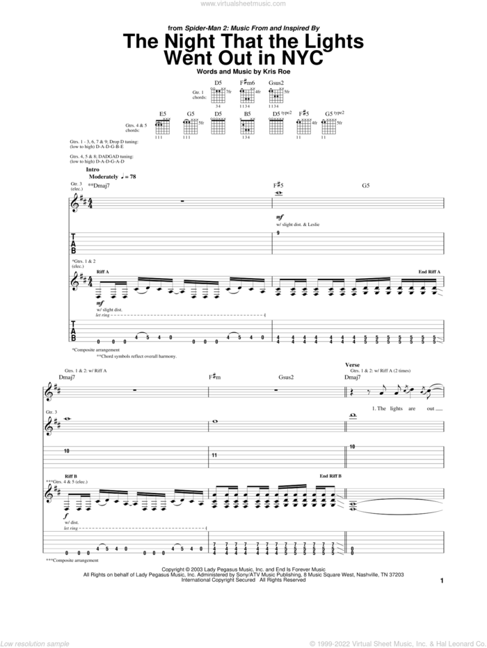 The Night That The Lights Went Out In NYC sheet music for guitar (tablature) by The Ataris, Spider-Man 2 (Movie) and Kris Roe, intermediate skill level