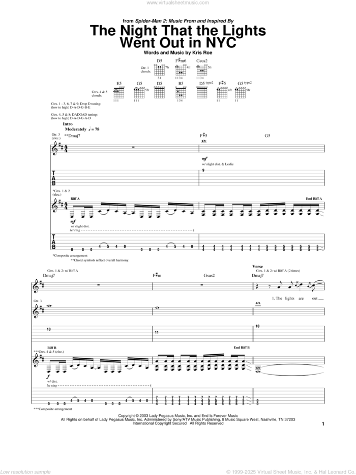 The Night That The Lights Went Out In NYC sheet music for guitar (tablature) by The Ataris, Spider-Man 2 (Movie) and Kris Roe, intermediate skill level